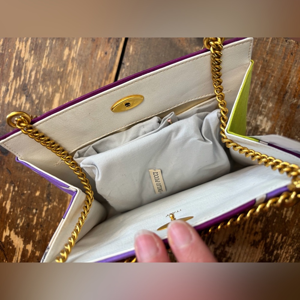 Vintage 70s Emilio Pucci Silk Gold Chain Handbag - Picture 9 of 12